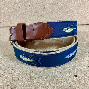 Leather Man Ltd. Canvas Belt Mens 46 Navy Marlin Fish Embroidery Brass Buckle